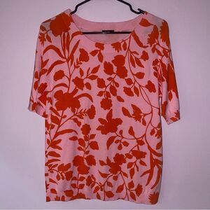 Talbots S Knit Blouse Pink Short Sleeve Orange Floral Boho Print Top